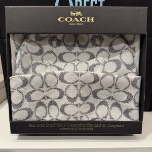 Coach Grey and Cream Hat and Scarf Set